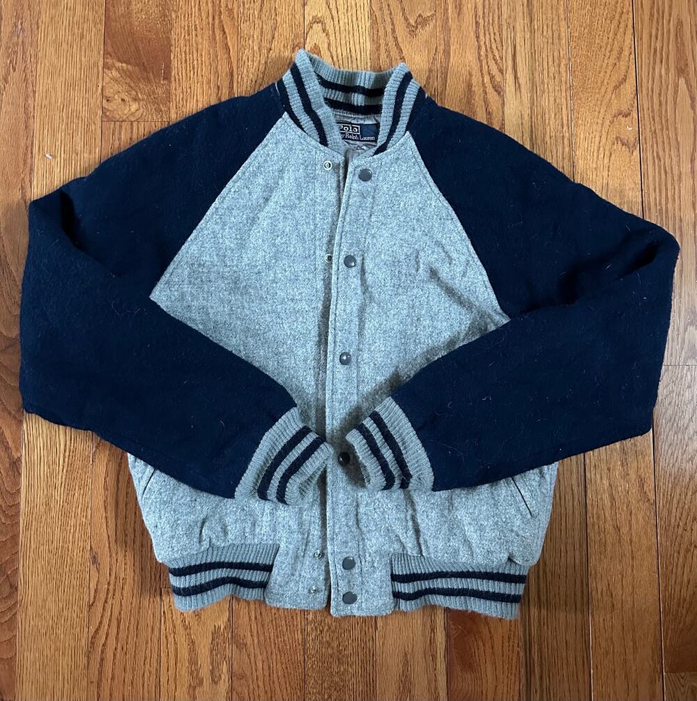 Vintage Polo Ralph Lauren Bomber Jacket Varsity College sz S gray blue woolen